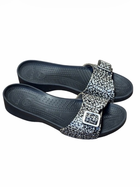 CROCS Shoes - Crocs Sarah Leopard Print Slides Womens 10 Black Beige Buckle Sandals